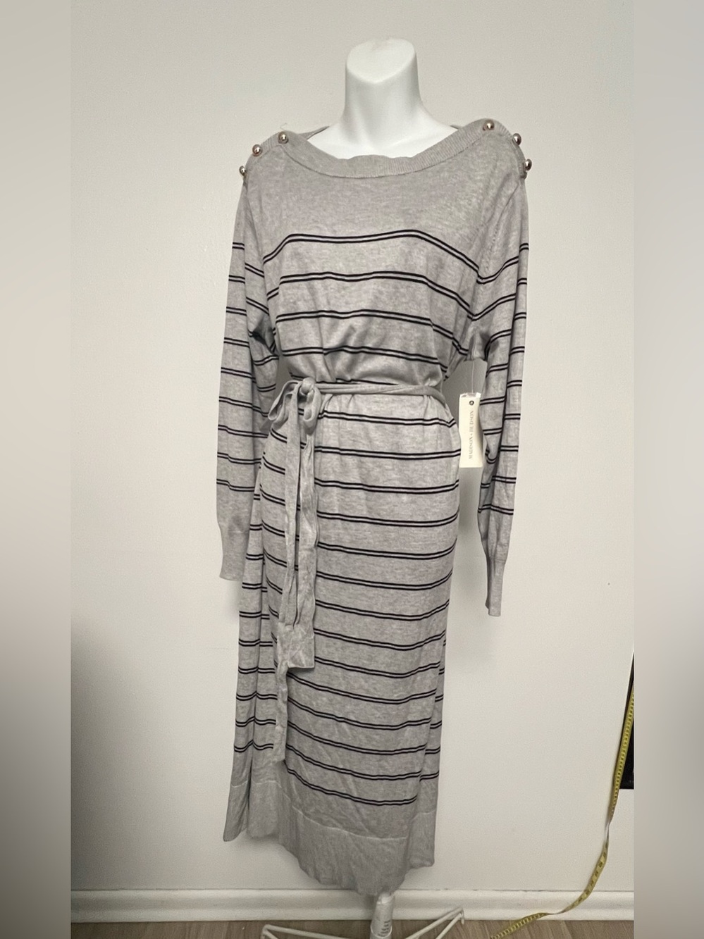 Madison+Hudson Women Striped Belted Knit Dress Light Gray Size 2X New Stretch